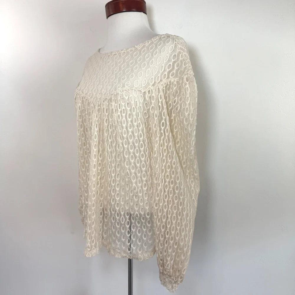 Zara Lace Blouse Cream Puff Sleeve Sheer Textured‎ Boho Peasant Coquette Top S